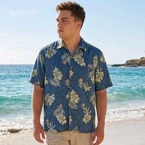 VTG 90s Summa Men's Medium Blue Floral Hawaiian Shirt Cotton Rayon Reverse Print